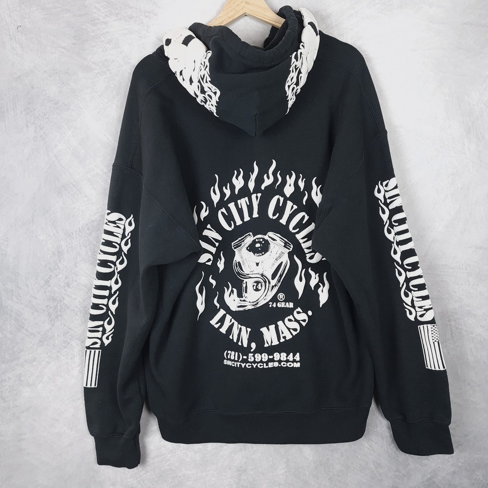Sin City Cycles Hoodie Mens XL Black Respect Skull Flames Biker Graphic